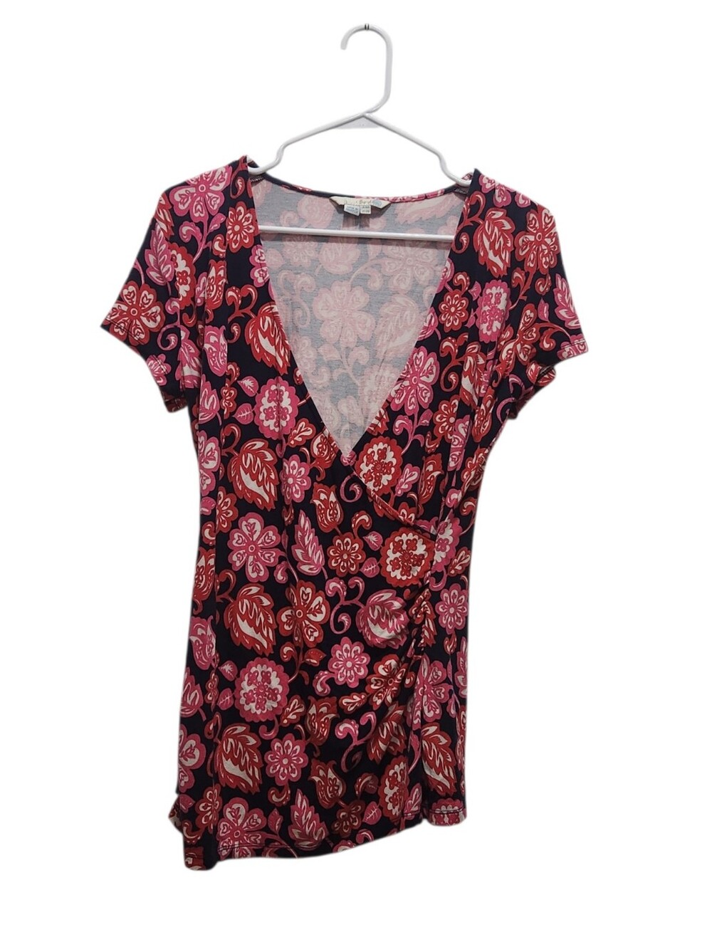 Boden Floral Faux Wrap Top Navy Pink Paisley Boho Stretch Blouse Size US 12R